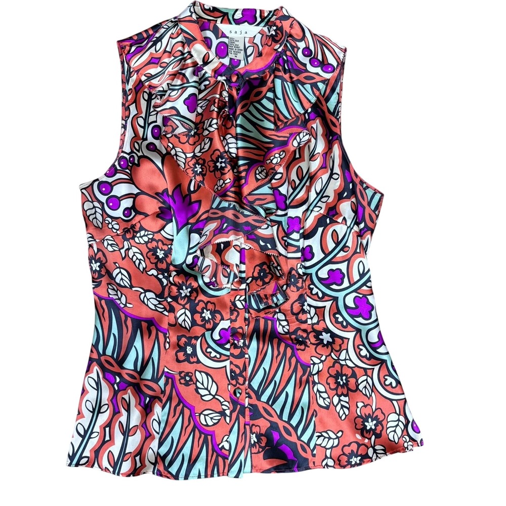 Saja Boho Chic Retro Floral 100% Silk Ruffle Womens Multi Sleeveless Blouse M